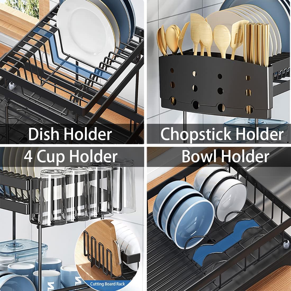 Dish Drying Rack, 2 Tier Dish Rack with Drainboard for Kitchen Counter, Multi-Functional Metal Storage Rack Detachable Dish Rack Organizer with Utensil Holder for Bowl, Cups, Cutting Board (White)