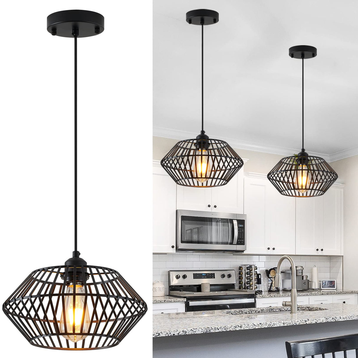 Modern Black Pendant Light, Industrial Pendant Light Fixture, Adjustable Metal Hanging Pendant Lights, Farmhouse Pendant Lighting for Kitchen Island, Hallway