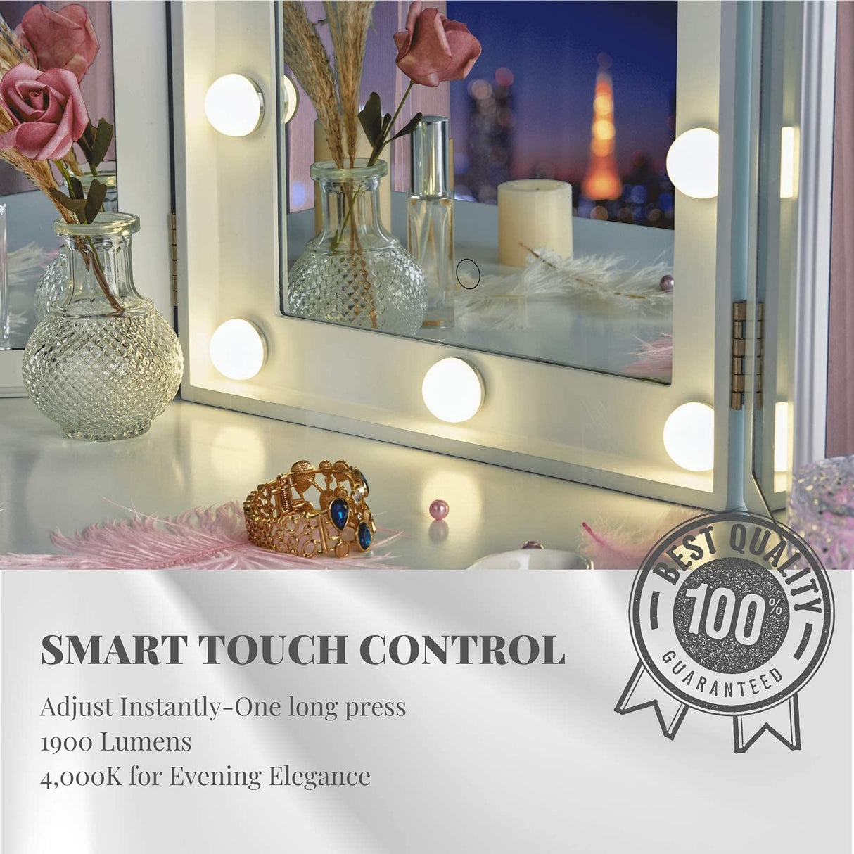 Vanity Lighted Tri-fold Makeup Mirror with 10 Dimmable LED Blubs, Touch Control Lights Tabletop Hollywood Cosmetic Mirror