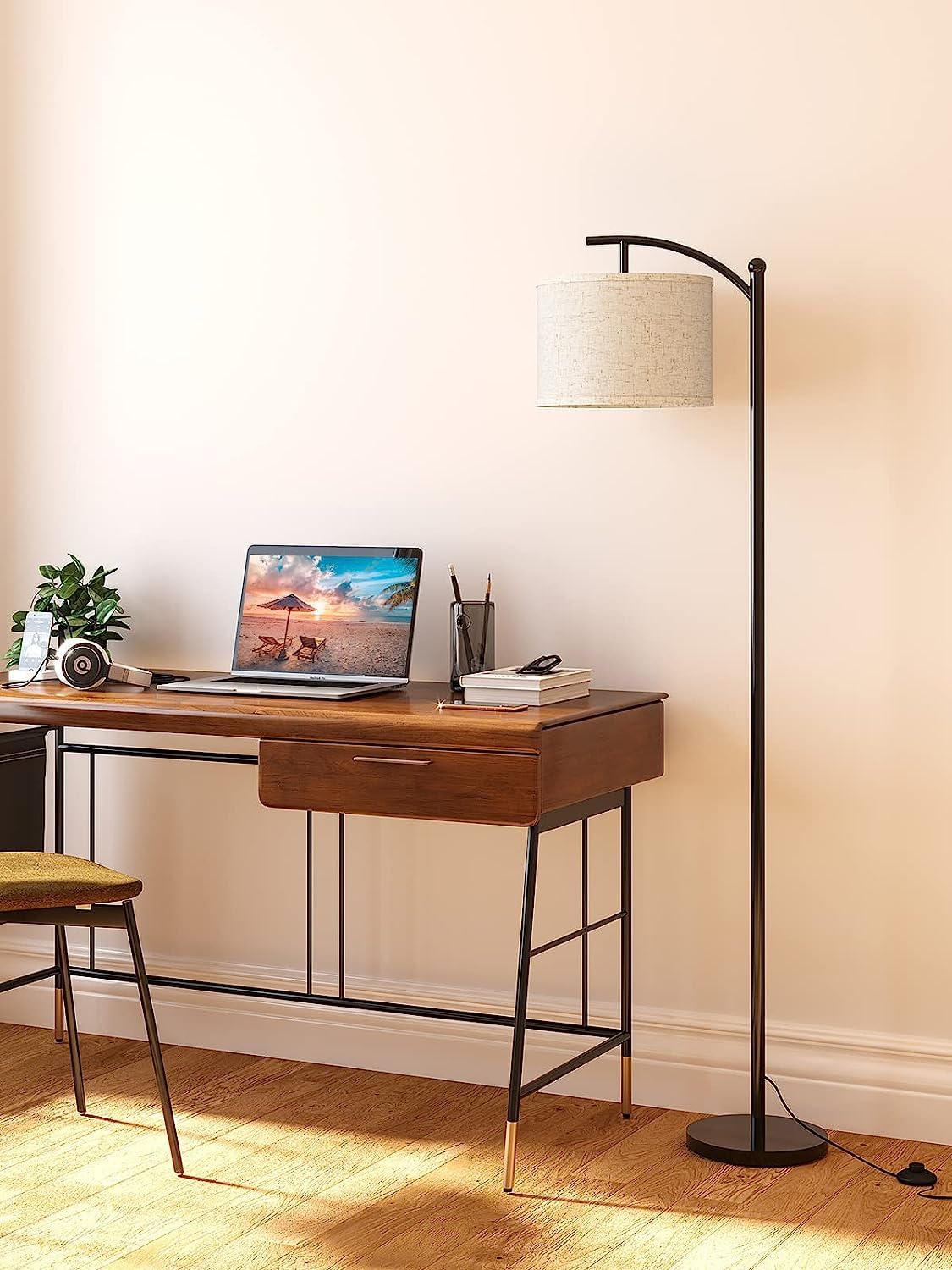 LED Floor Lamp, Montage Arc Floor Lamp with Big Linen Lampshade, Classic Tall Standing Lamp Reading Light with 3 Color Temps 9W LED Bulb, Floor Lamps for Living Room Bedroom (Black)