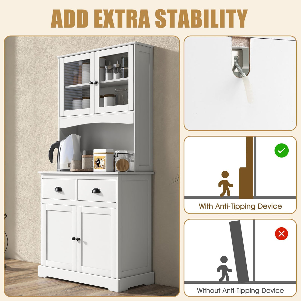 Tall Storage Cabinet, Freestanding Kitchen Pantry w/Microwave Stand & 2 Drawers, Adjustable Shelves, Tempered Glass Doors, Cable Hole for Living Room, Dining Room (White)