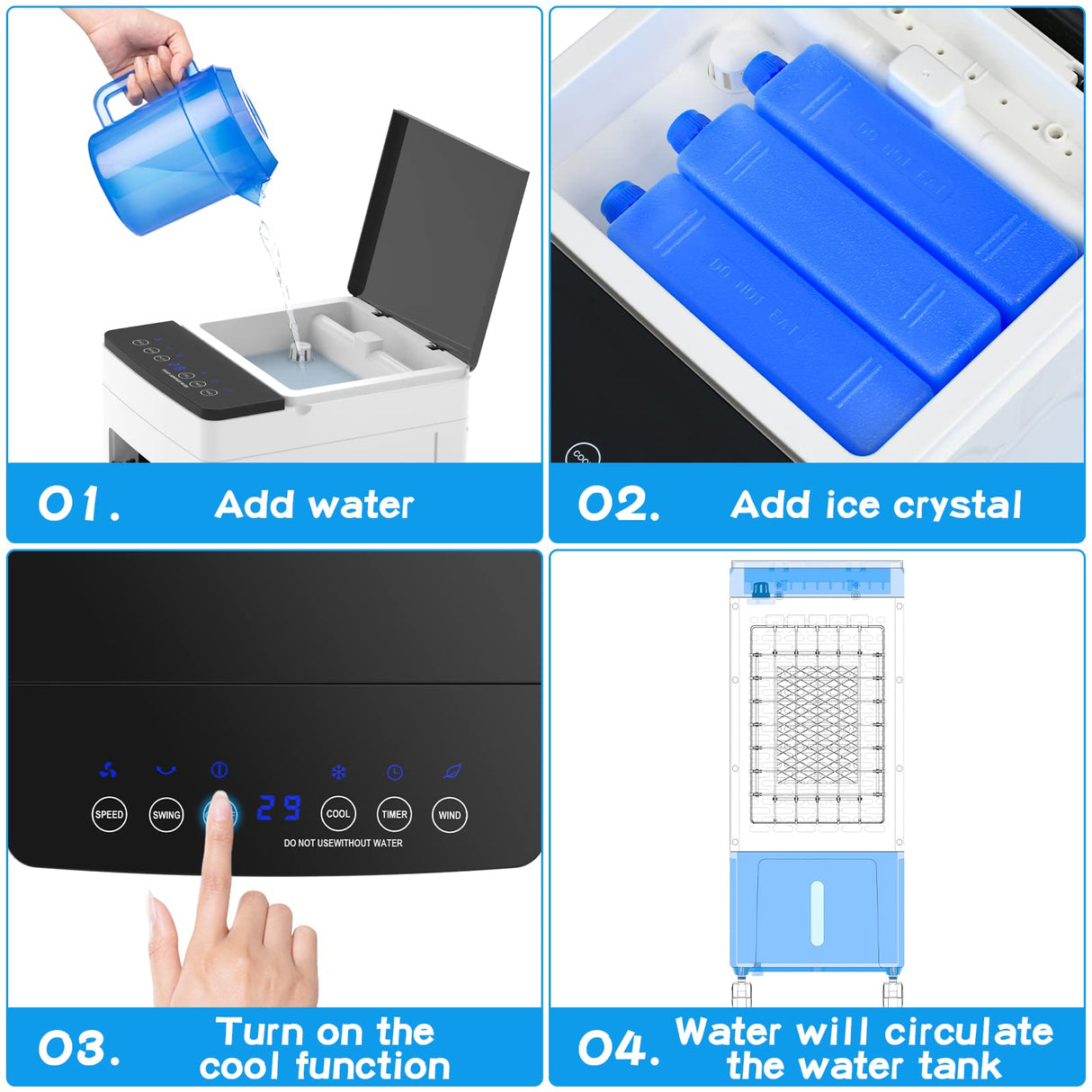 8L Evaporative Air Cooler, 3 in1 Portable Air Cooler Air Conditioner Fan 3 Speeds, w/Remote & 4 Ice Box, White