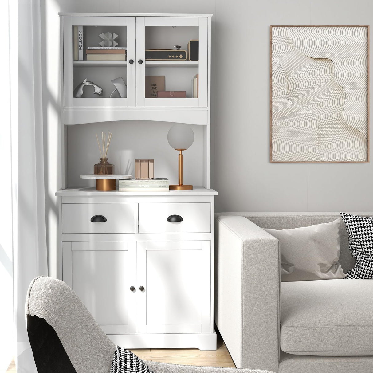 Tall Storage Cabinet, Freestanding Kitchen Pantry w/Microwave Stand & 2 Drawers, Adjustable Shelves, Tempered Glass Doors, Cable Hole for Living Room, Dining Room (White)