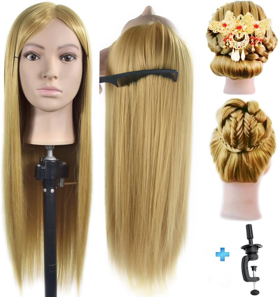 26"- 28" Mannequin Head 100% Synthentic Fiber Hairdresser Training Head Cosmetology Manikin Doll with Free Table Clamp Stand