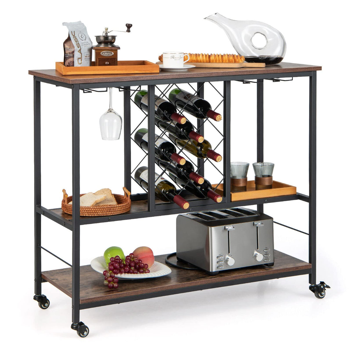 3-Tier Bar Wine Rack Table, Industrial Kitchen Island Cart with 8-Bottle Wine Rack & 4-Row Wine Glass Holders, Rolling Buffet Serving Cart for Dining Room, Living Room, Cafe, Rustic Brown