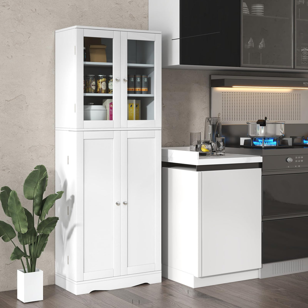 Tall Buffet Sideboard, Kitchen Pantry Cabinet with Dual Tempered Glass Doors & Shelves, Extra Door Racks, Anti-Toppling Design, Freestanding Cupboard for Dining Room Living Room, White