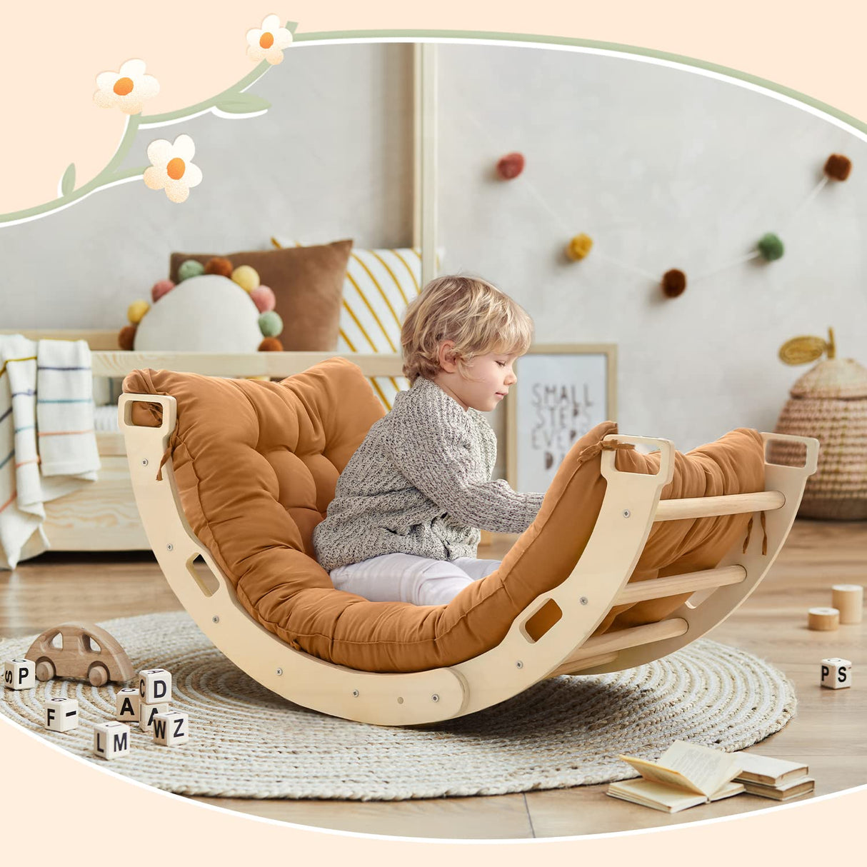 Kids Climber Arch Rocker with Cushion Pad Black,Montessori Climber Indoor Climbing Toys for Kids, Arch Climber Wooden Indoor Playground for Climbing (Small Arch Climbing with Cushion)