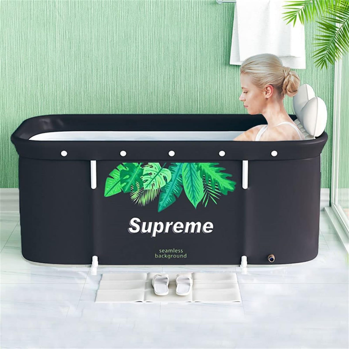 Portable ice Bathtub Adult Foldable Bath Barrel SPA Household Tub for 2-Person Family Large Size 47 inch Green Leaf Pattern