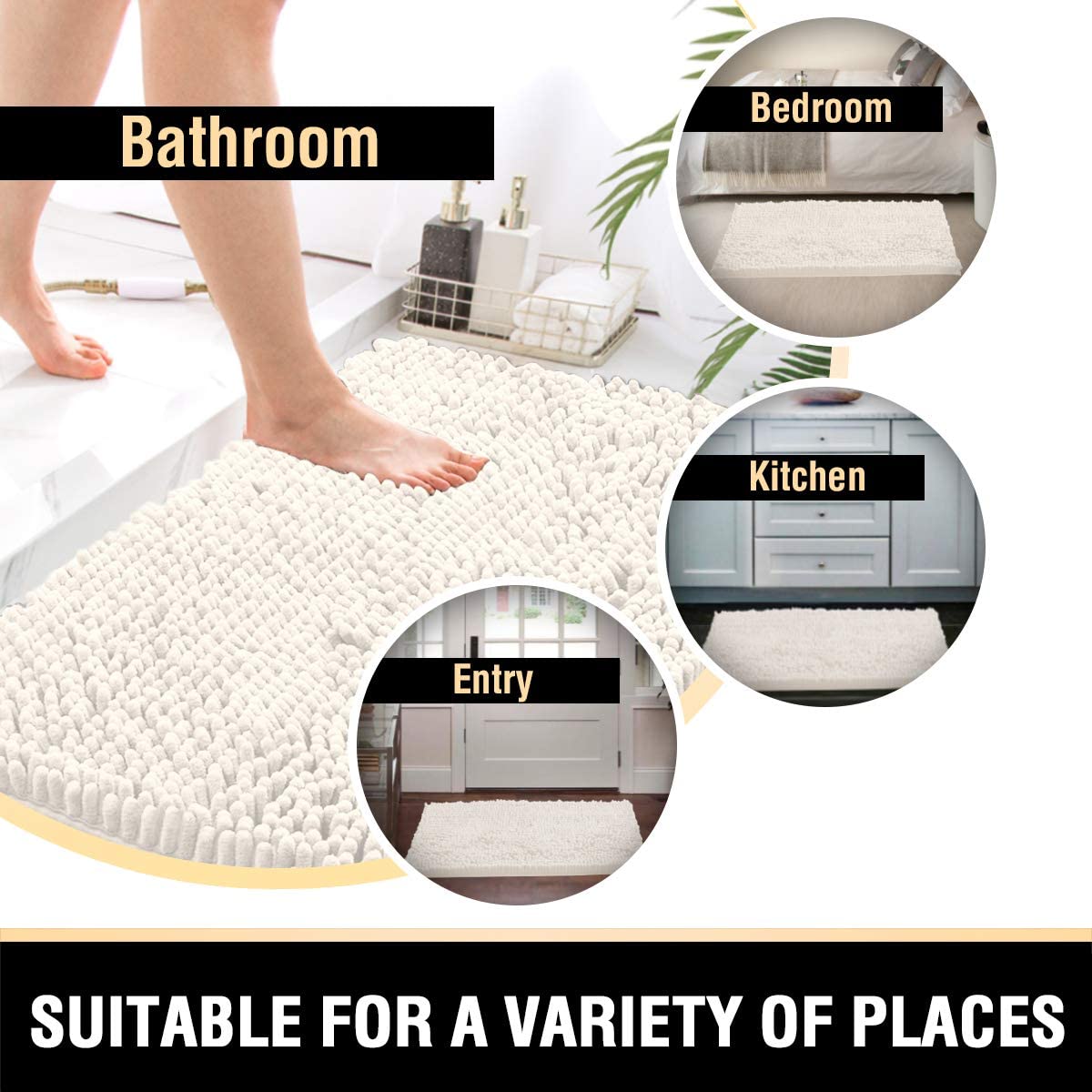 PrinceDeco Bathroom Rugs Bath Mats for Bathroom Non Slip Chenille Bathroom Rug Mat and Absorbent Shaggy Rugs Washable Dry Fast Plush Area Carpet Mats - (2 PCS - 51cm x 81cm / 43cm x 61cm), Ivory