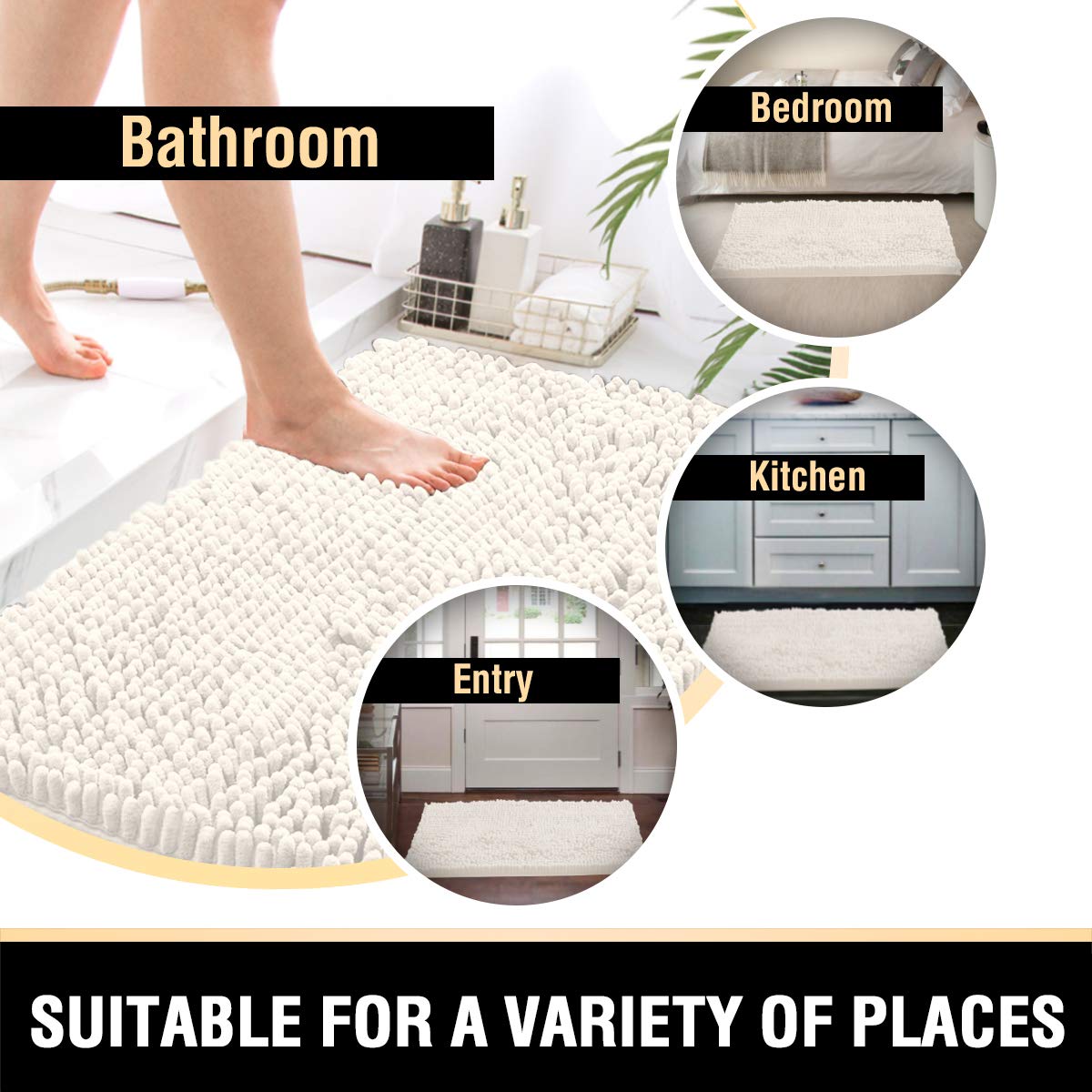 PrinceDeco Bathroom Rugs Bath Mats for Bathroom Non Slip Chenille Bathroom Rug Mat and Absorbent Shaggy Rugs Washable Dry Fast Plush Area Carpet Mats - (2 PCS - 51cm x 81cm / 43cm x 61cm), Ivory
