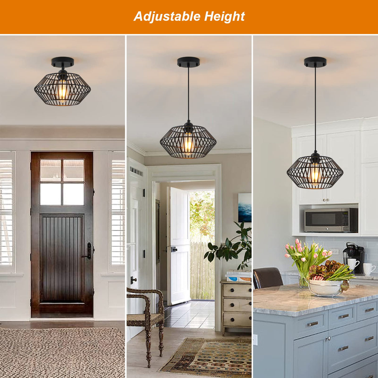 Modern Black Pendant Light, Industrial Pendant Light Fixture, Adjustable Metal Hanging Pendant Lights, Farmhouse Pendant Lighting for Kitchen Island, Hallway