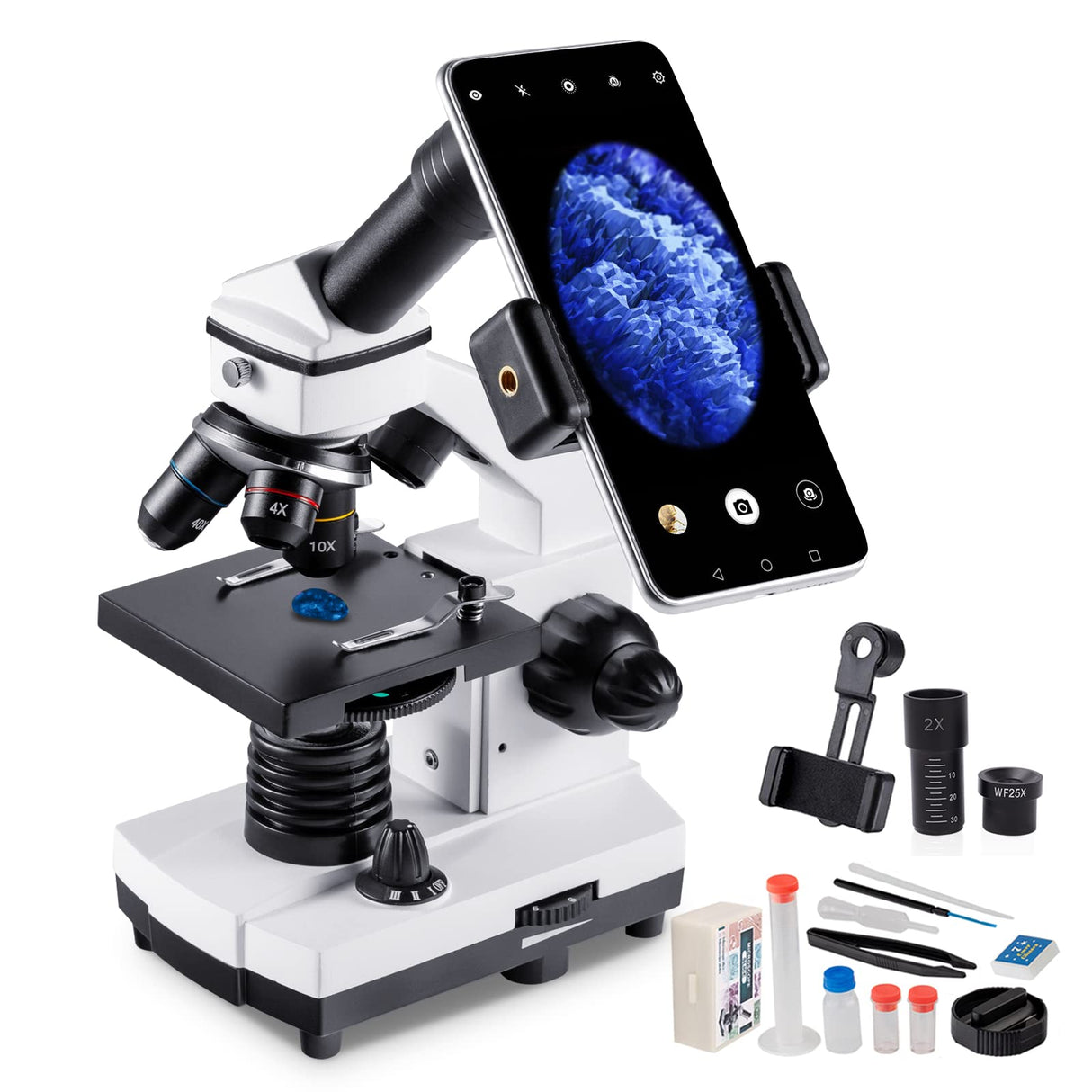 Monocular Microscope for Students and Kids, 200-2000x Magnification Powerful Biological Educational Microscope with Operation Accessories(10p), Slides Set(15p), Phone Adapter, Wire Shutter & Backpack