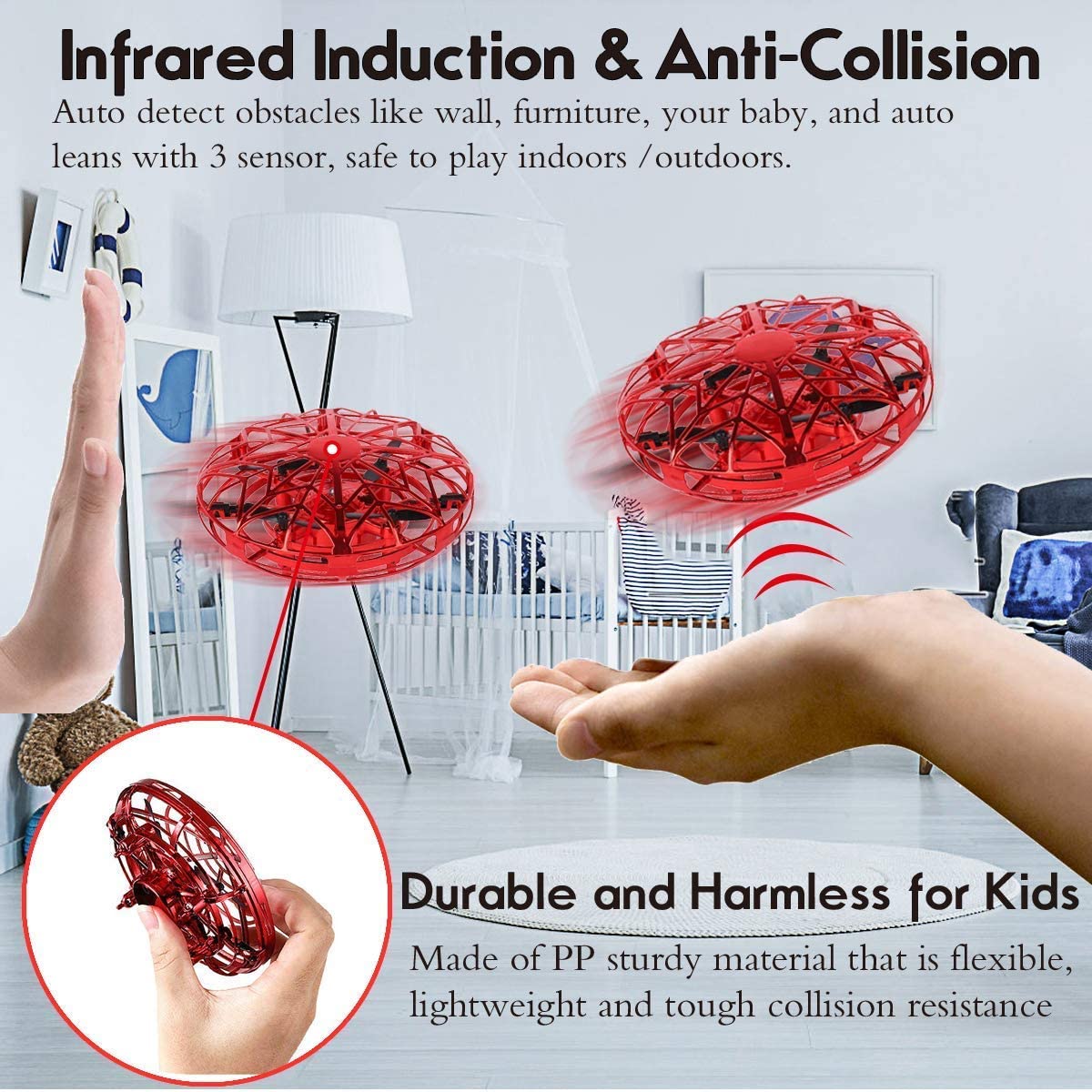 Hand Operated Drones for Kids or Adults - Air Magic Scoot Hands Free Mini Drone Helicopter, Easy Indoor UFO Flying Ball Drone Toys for Boys or Girls (RED)