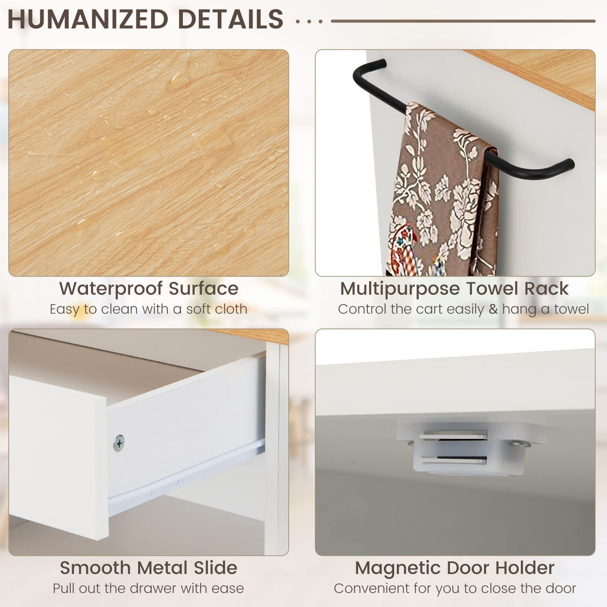 Kitchen Island Trolley, Rolling Kitchen Serving Trolley w/ 3 Spice Racks, Drawer, Open Shelf & Large Cabinet, Portable Workbench Utility Storage Cart w/ Towel Rack & 2 Lockable Casters, White