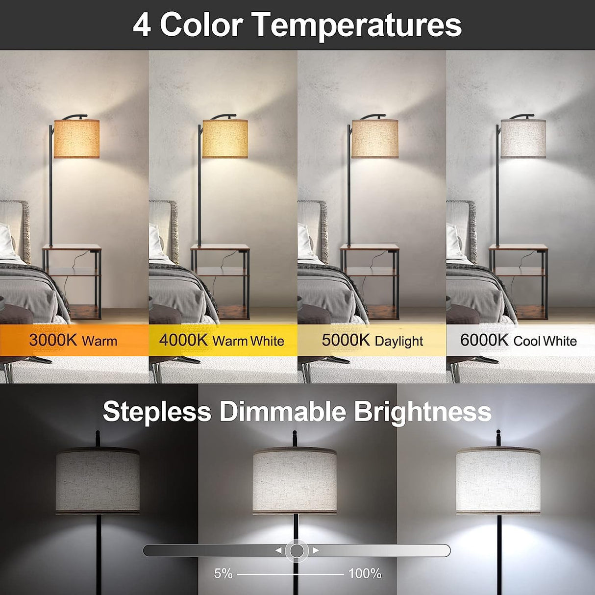 Floor Lamp with Table, Kinsdan Bedside Table with Lamp with USB Ports, 3-Color Temperature LED Bulb Included, Rustic End Table Lamp with Shelves for Bedroom, Living Room, Office