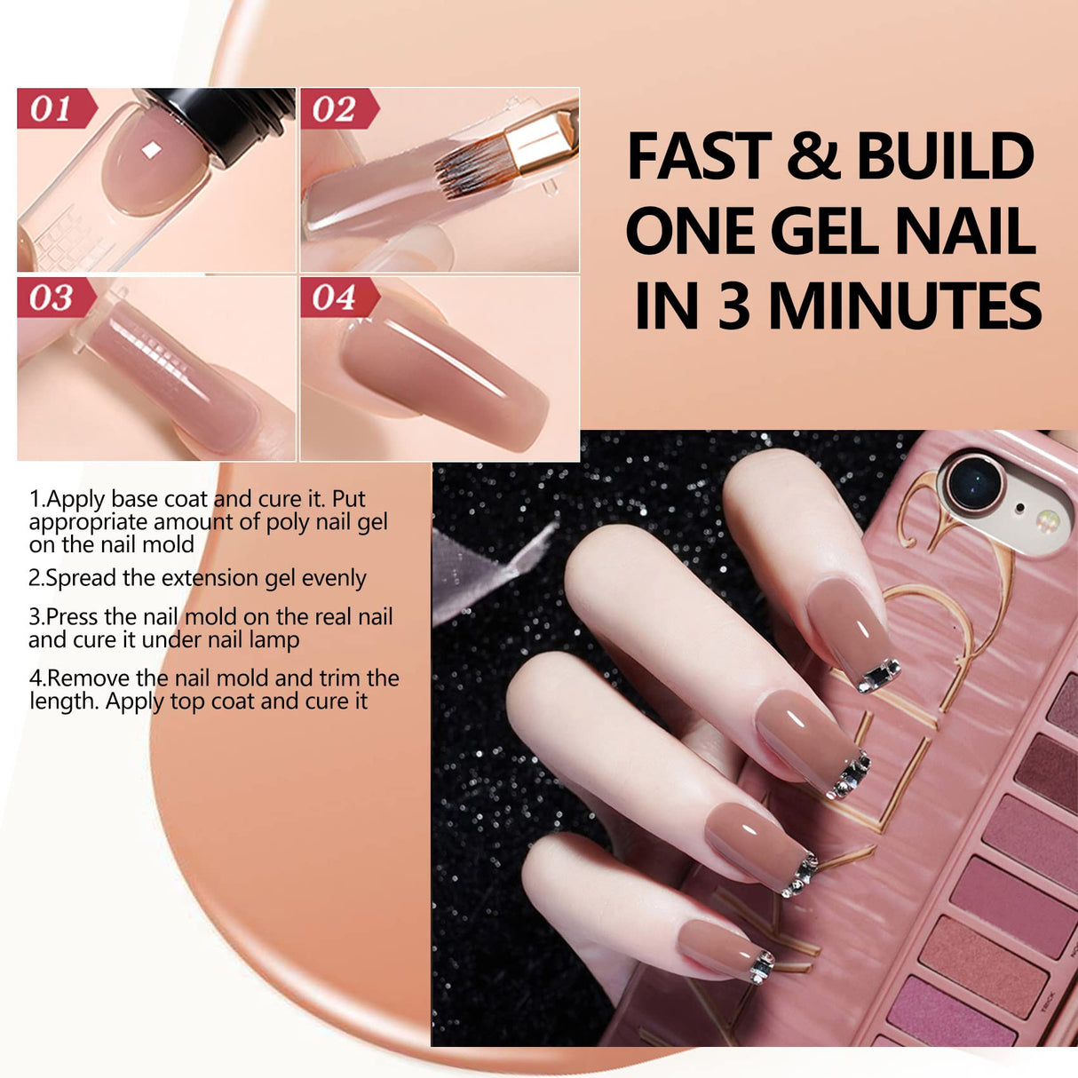 Poly Gel Nail Kit with Lamp, Warm Colors Quick Nail Extension Enhancement Gel Professional Poly Gel Kit for Starters and Technician DIY French Ombre Nails