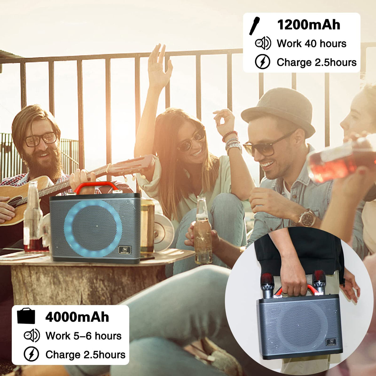 WINBRIDGE T8 Portable Karaoke Speaker with 2 Wireless Microphones