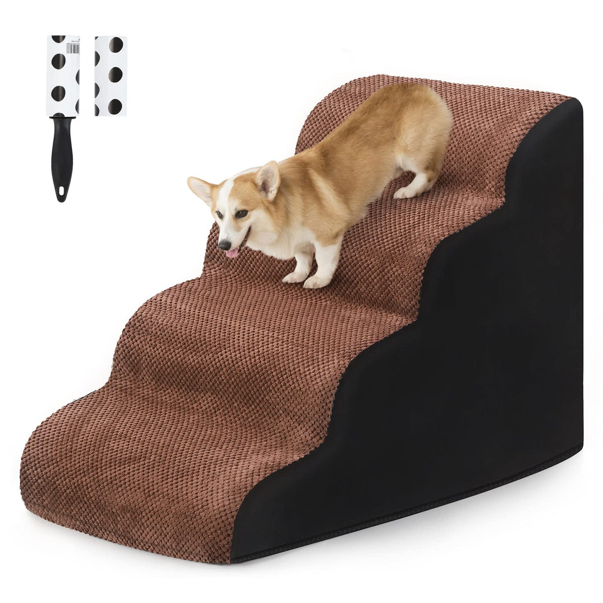 4 Tiers Extra Wide Dog Steps, Pet Stairs-High Density Foam Dog Ladder Ramp for Bed or Couch,Non-Slip Dog Stairs for Short Leg Dogs,Older/Injured Pets,with Lint Roller 2 Refills Brown/Black