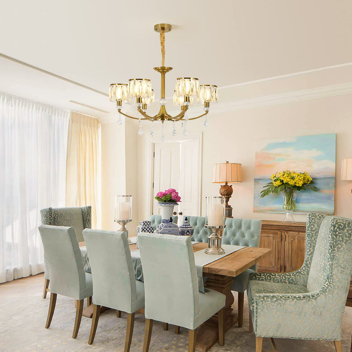 Ganeed Gold Chandelier,6 Lights Wagon Wheel Chandeliers with Clear Crystal Shades,Modern Mid Century Hanging Pendant Light Fixture for Dining Room Living Room Bedroom(E14 Base)