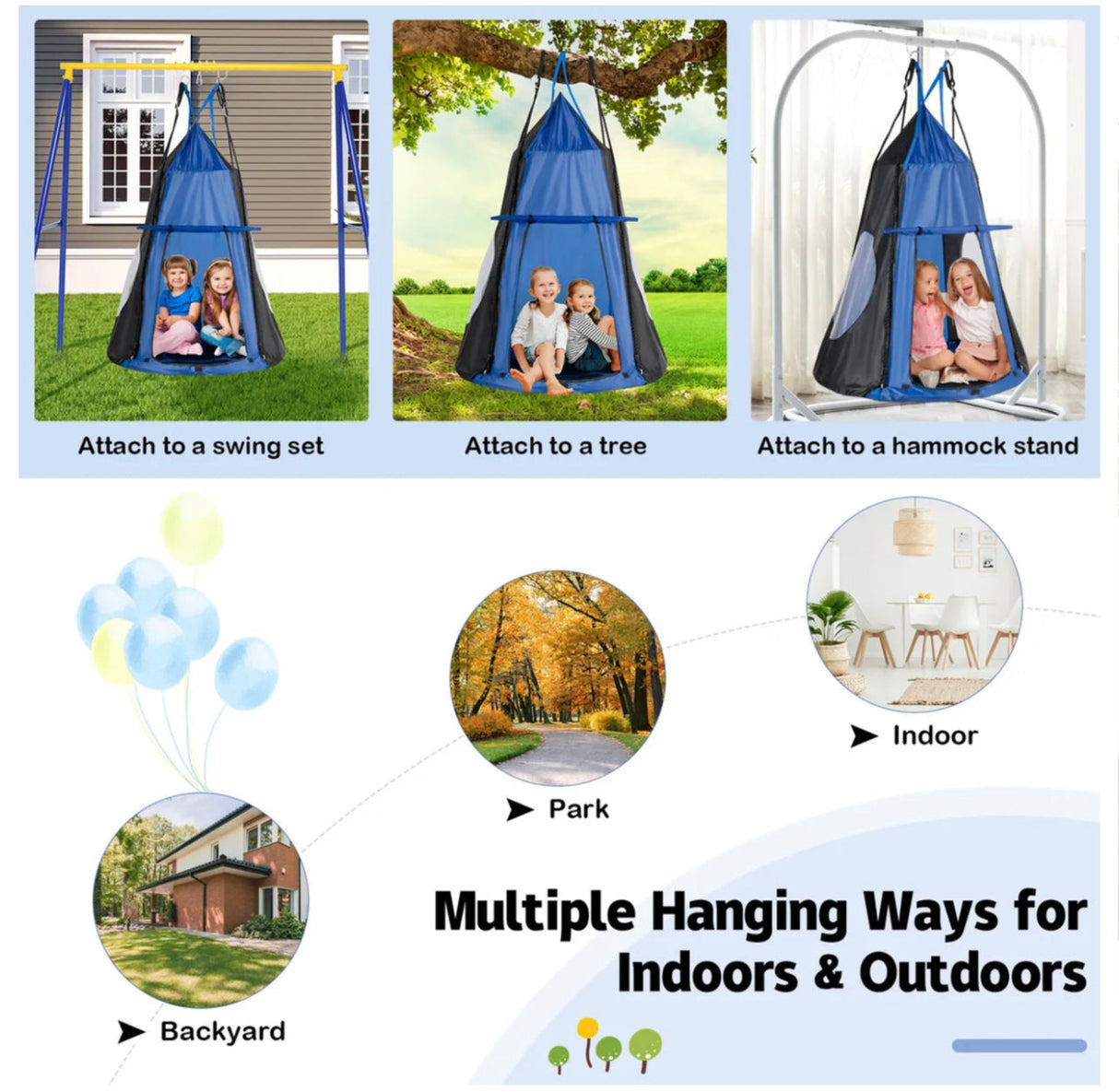 Kids Hanging Tent Tree Swing 2 IN 1 Outdoor Hammock Nest Pod Chair 100cm