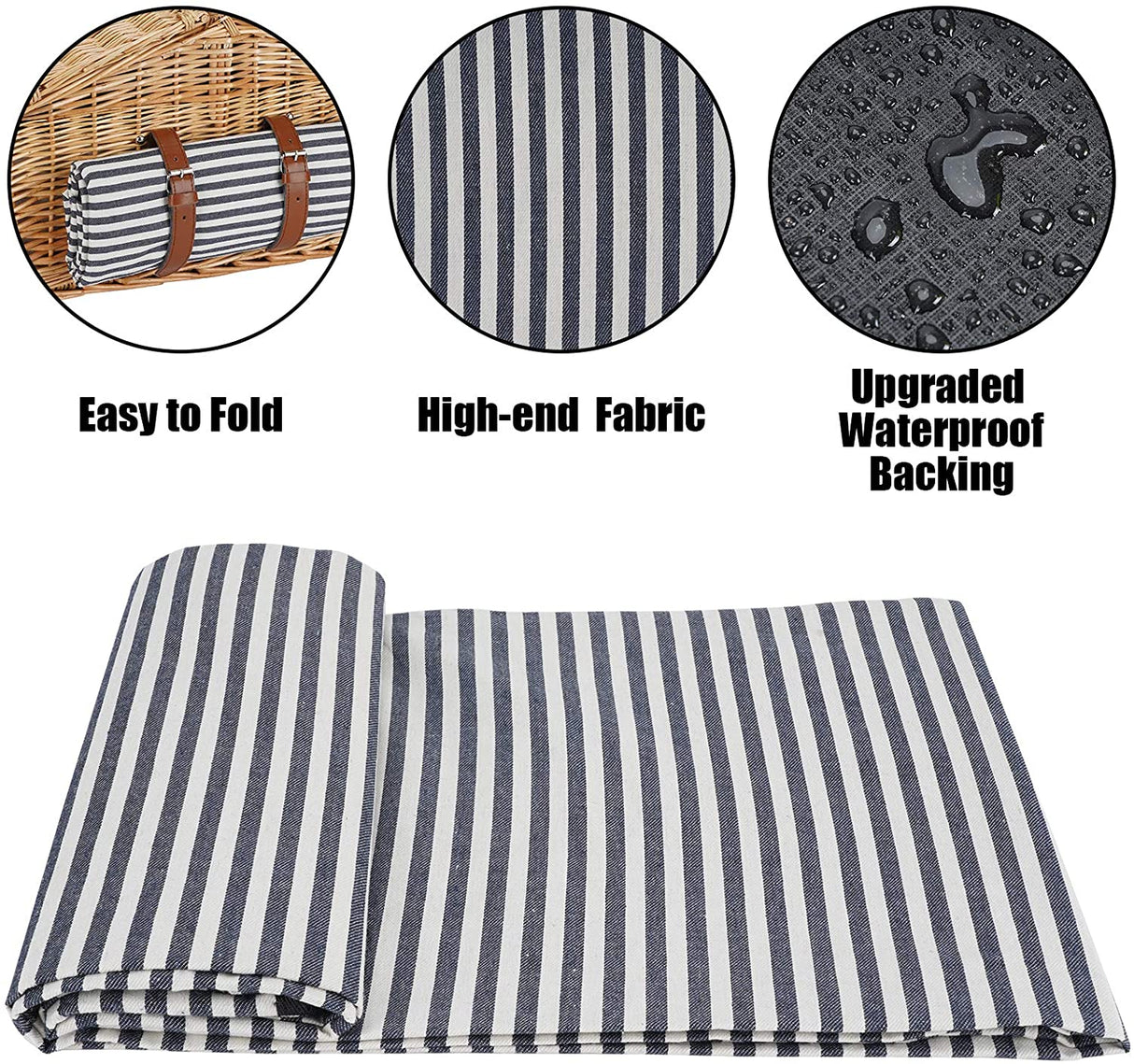 Picnic Hamper for 4 Persons with Double Lids and 'Built-in' Insulated Cooler, Natural Wicker Picnic Basket with Canvas Stripe Lining, Willow Picnic Set (Navy Stripe)