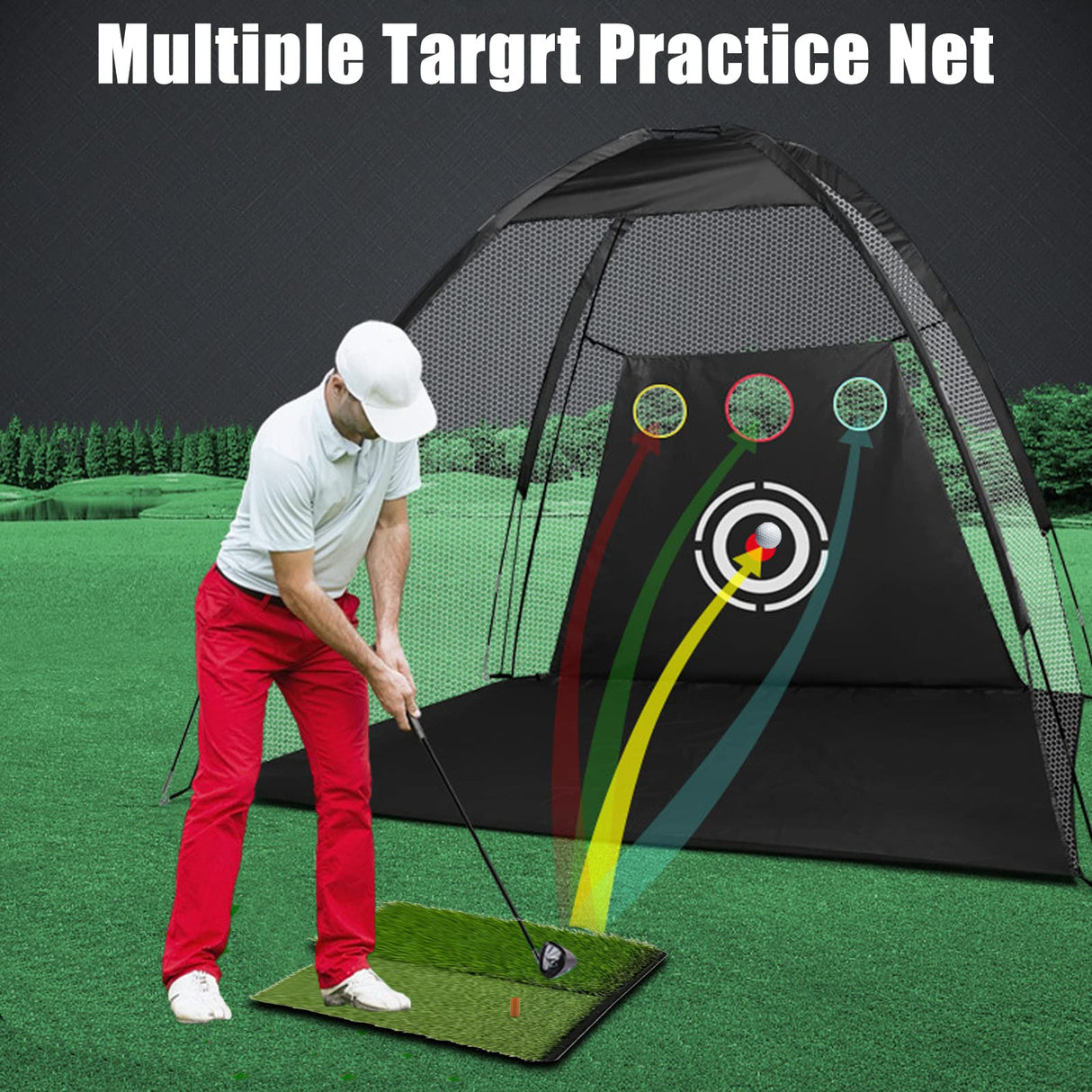 Golf Net, 10x7x3ft Golf Hitting Practice Nets Kit | with 2 Golf Training Mats, Including One for Swing Detection | Target Cloth, 15 Golf Tees, 12 Golf Balls | Driving Range for Backyard & Indoor