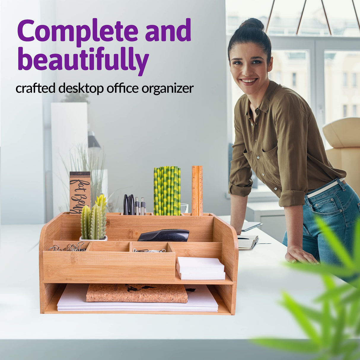 Bamboo Wood Desk Organizer with File Organizer for Office Supplies Storage & Desk Accessories. Perfect Office Decor combo for Desk Organization, Office Desks, Home Office and more by MissionMax