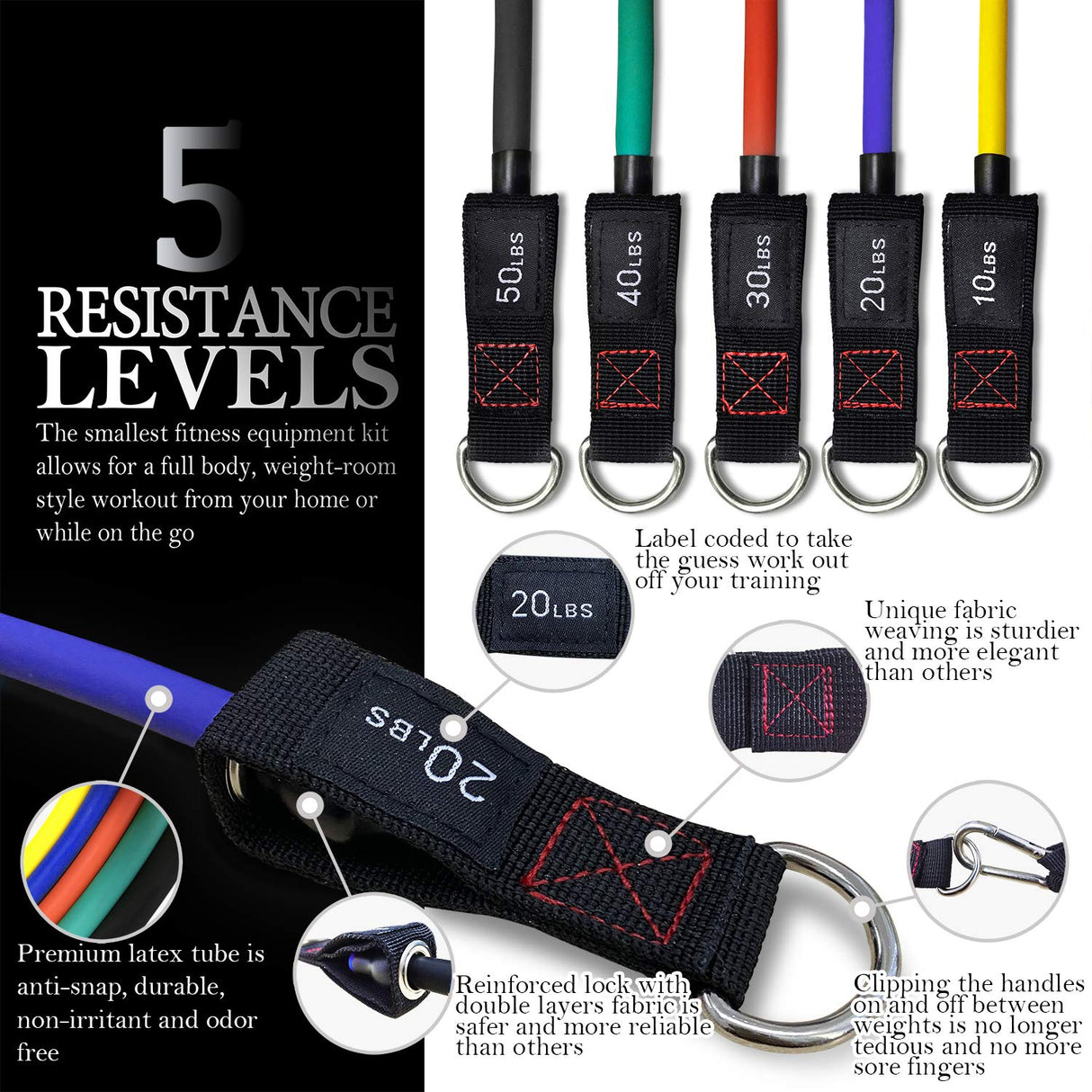 Exercise Resistance Bands with Handles - 5 Fitness Workout Bands Stackable up to 110 - 150 lbs, Training Tubes with Large Handles, Ankle Straps, Door Anchor Attachment, Carry Bag