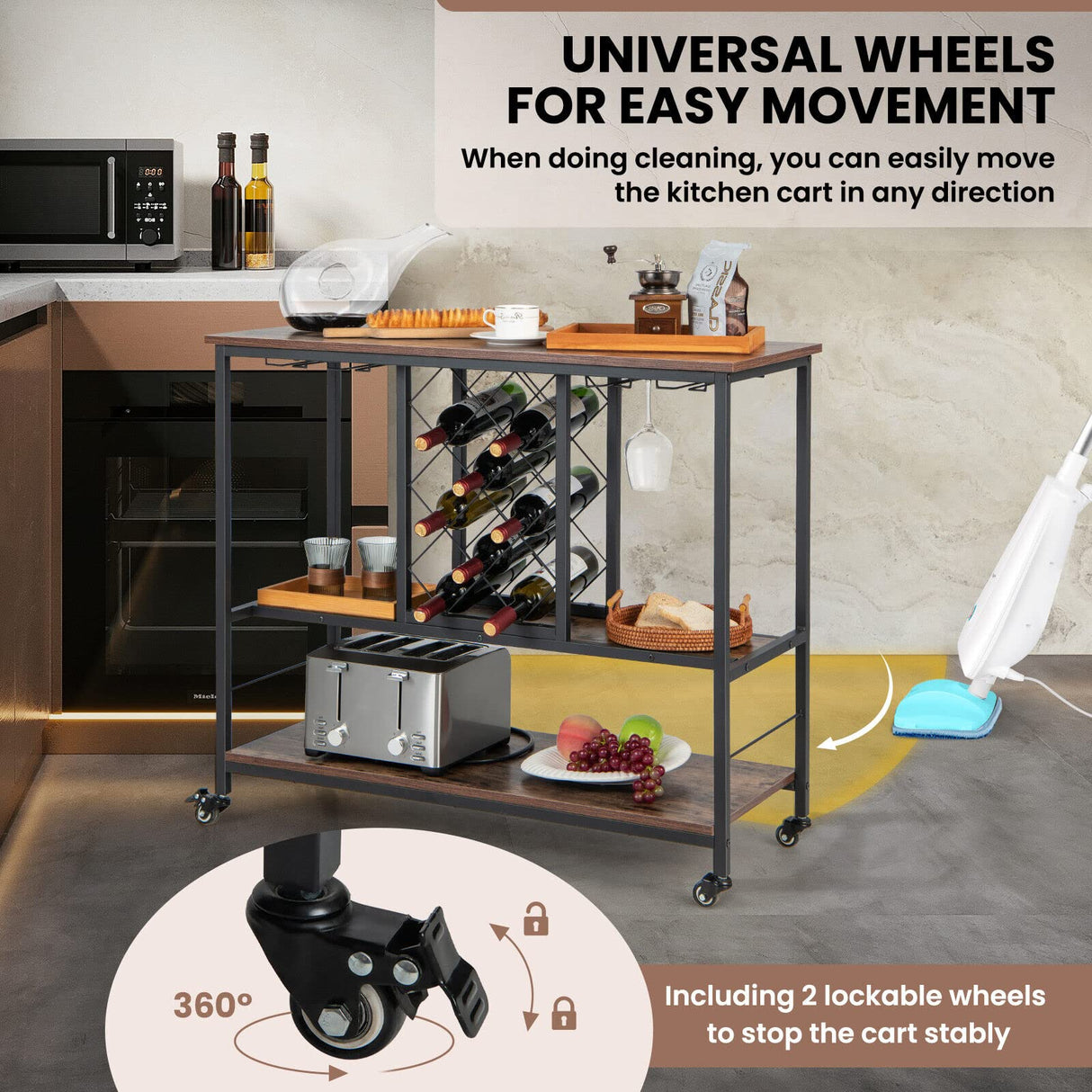 3-Tier Bar Wine Rack Table, Industrial Kitchen Island Cart with 8-Bottle Wine Rack & 4-Row Wine Glass Holders, Rolling Buffet Serving Cart for Dining Room, Living Room, Cafe, Rustic Brown