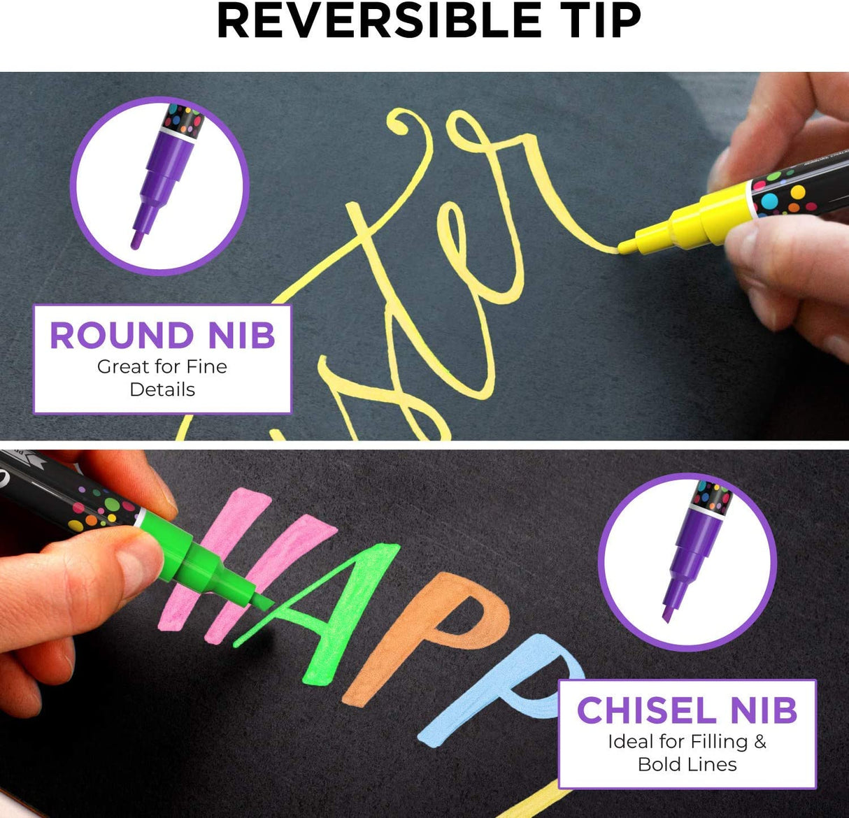 Fine Tip Chalk Markers (10 Pack 3mm) - Bold Color Erasable Dry Erase Marker Pens for Blackboards, Chalkboard, Window, Bistro - 3mm Reversible Bullet & Chisel Point