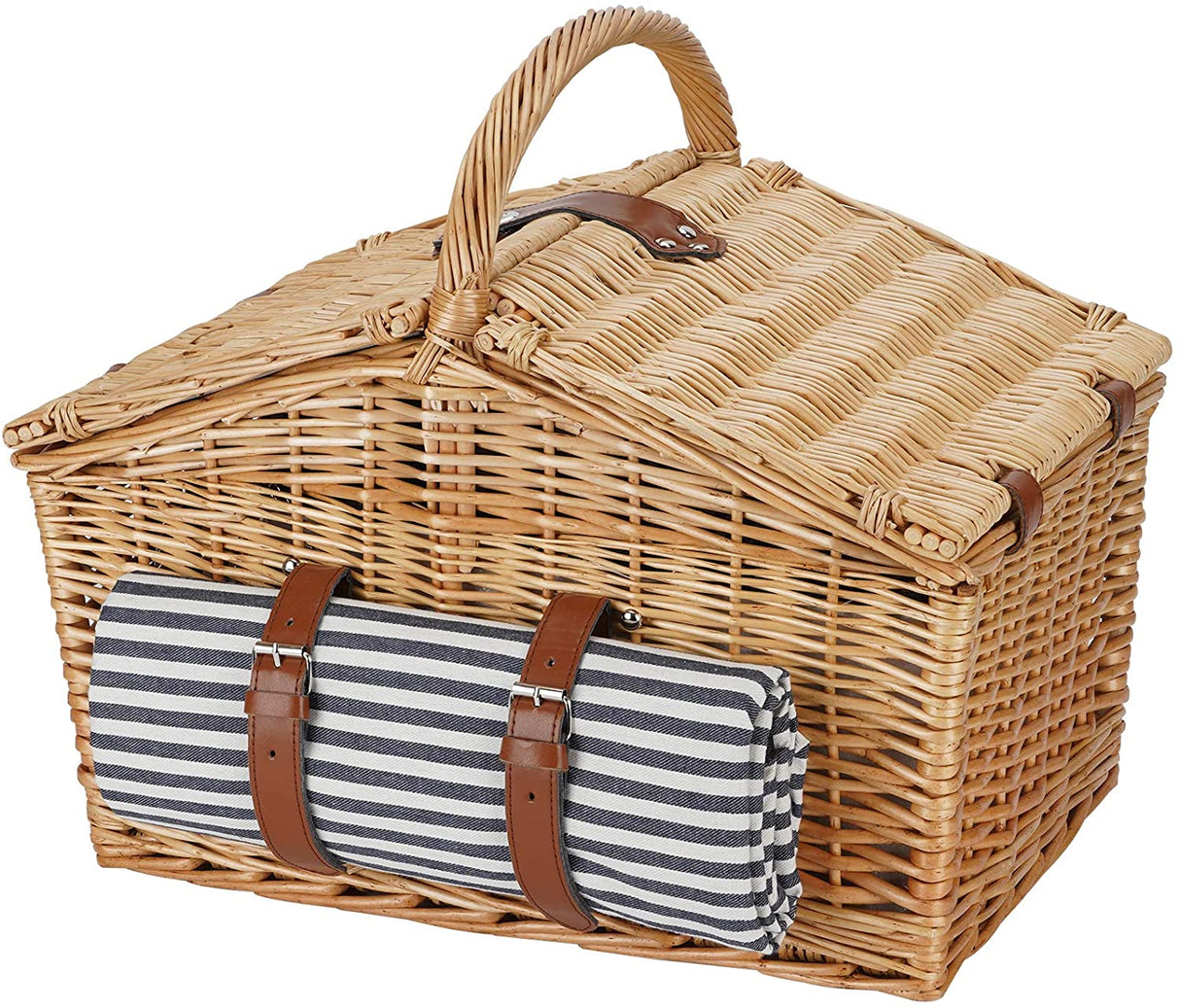 Picnic Hamper for 4 Persons with Double Lids and 'Built-in' Insulated Cooler, Natural Wicker Picnic Basket with Canvas Stripe Lining, Willow Picnic Set (Navy Stripe)