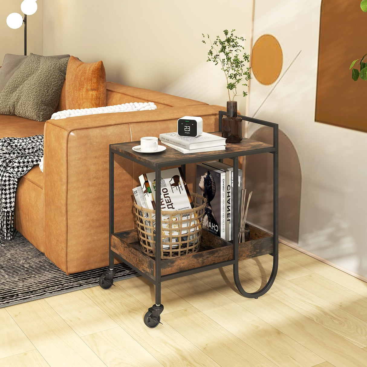Bar Cart, Liquor Beverage Serving Cart with 6-Bottle Removable Metal Wire Wine Rack, Modern Kitchen Cocktail Cart with Wheels, 2 Tier Kitchen Rolling Bar Carts for Living Room, Rustic Brown