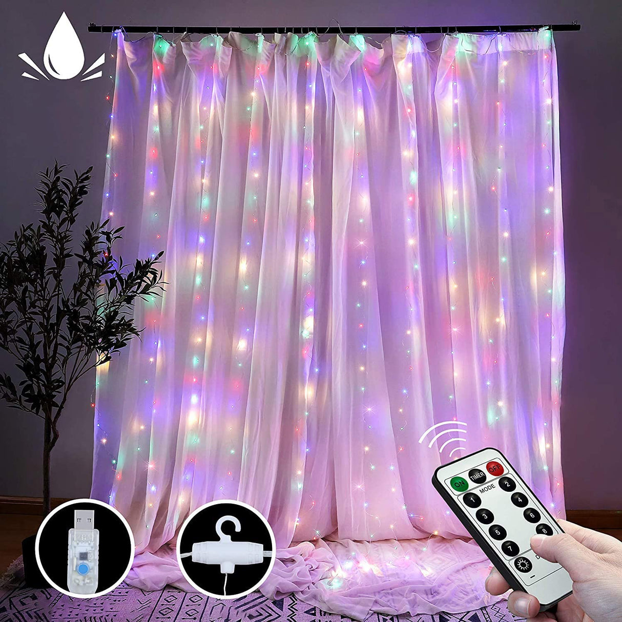 Curtain String Lights with Remote, LT 300 LEDs Window Curtain Fairy Lights 8 Modes 9.8ftx9.8ft USB Powered Fairy Lights for Party Bedroom Wall, Christmas Wedding Party Home Garden Outdoor Indoor Wall Decorations(Cool White)