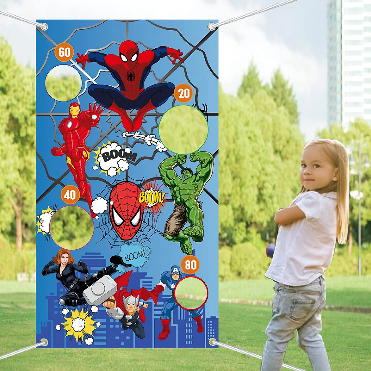 Superhero Bean Bag Toss Game-Throwing Game Banner with 3 Bean Bags-Superhero Party Supplies