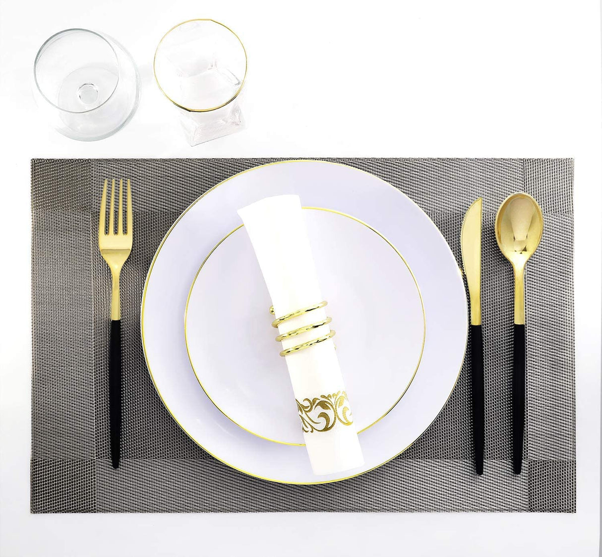 150pcs Gold Dinner Plates,Gold Silverware with Black Handle,White Plates with Gold Rim,Gold Party Plates,Gold and Black Cutlery,Suit for Wedding,Birthday,Party