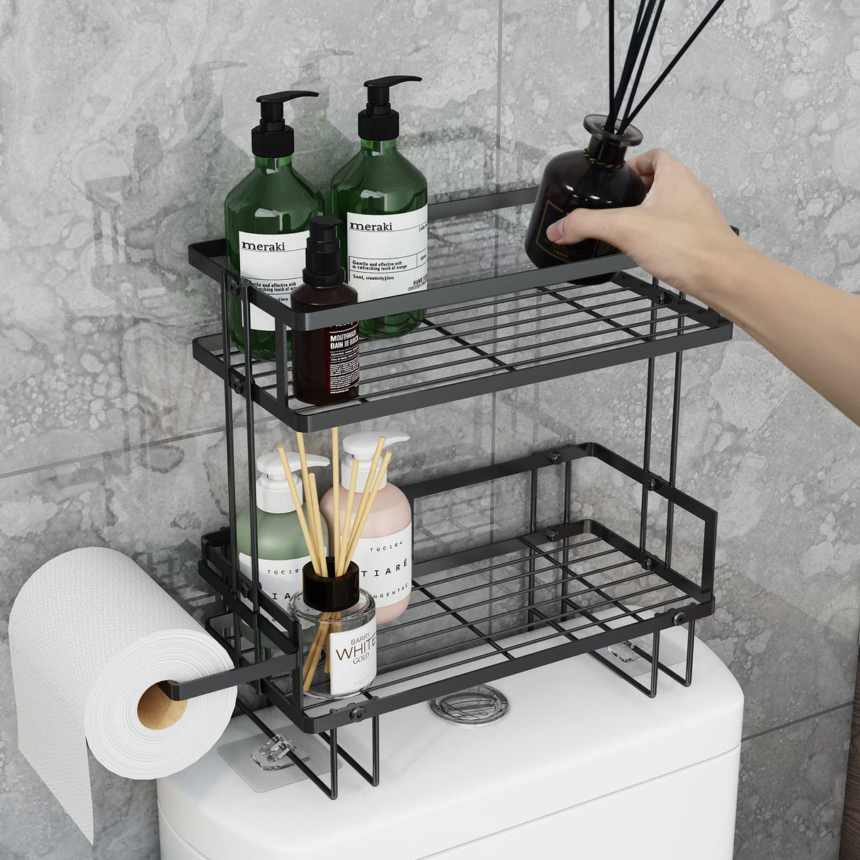2-Tier Bathroom Over The Toilet Storage Shelf, Bathroom Storage Organizer with Toilet Paper Holder, Space Saver,Black