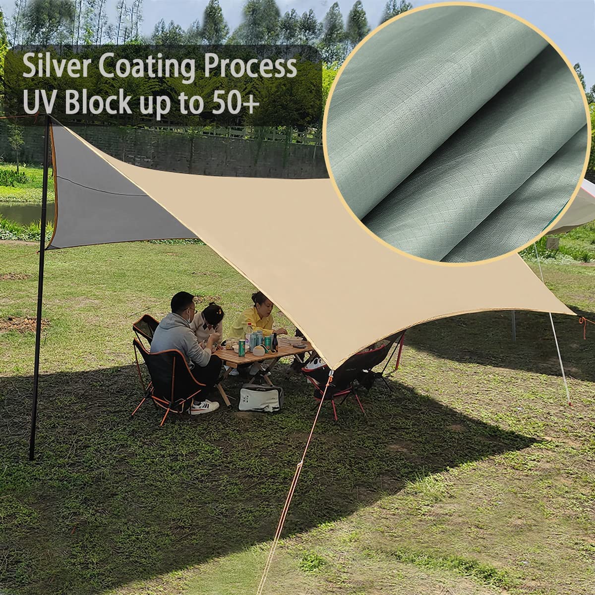 4.5X4.5m Large Camping Tarp Tent Ultralight Waterproof Hammock Rain Fly Mutifunctional Hexagon Tarpaulin Shelter for Bushcraft Picnic Backpacking Outdoor Survival