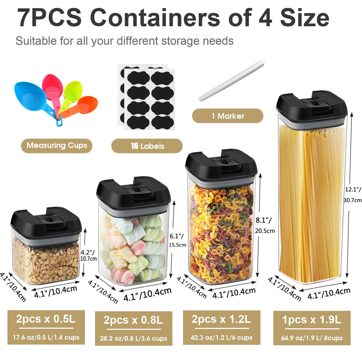 Airtight Food Storage Container Set,7 Pieces BPA Free Plastic Kitchen Organization and Storage with Easy Lock Black Lids Labels/Spoons/Pen,for Dry Food, Flour, Sugar, Pasta, Cereal
