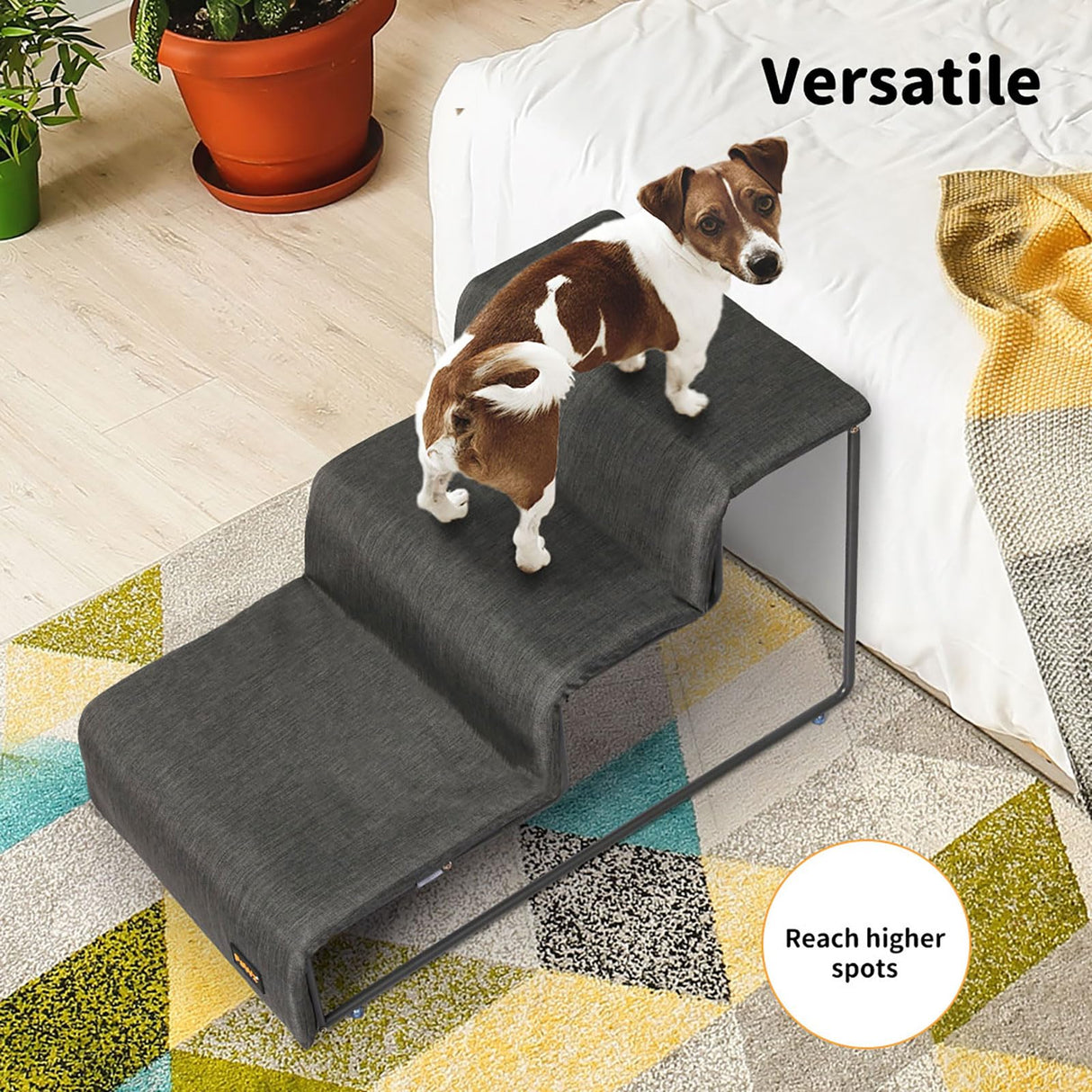 Pet Ramp 3 Steps, Portable Dog Step Stair for High Bed, Couch, Sofa, Pet Stairs Metal Frame with Removable Cover Washable, Indoor Outdoor Pet Car Ramp for Dogs & Cats Grey,