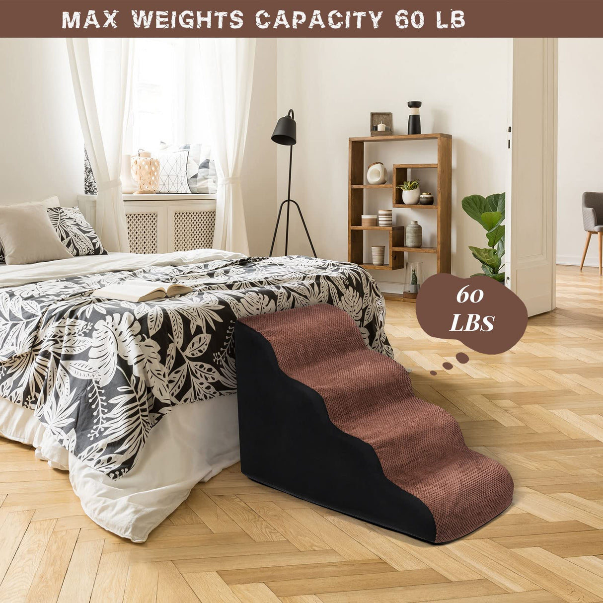 4 Tiers Extra Wide Dog Steps, Pet Stairs-High Density Foam Dog Ladder Ramp for Bed or Couch,Non-Slip Dog Stairs for Short Leg Dogs,Older/Injured Pets,with Lint Roller 2 Refills Brown/Black