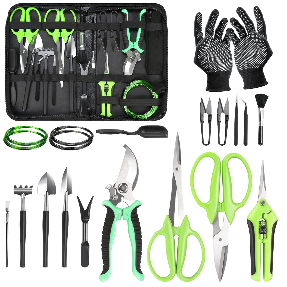 Bonsai Tools Kit, 21 Pcs Gardening Trimming Tools Set Include Pruning Shears, Scissors, Mini Rake, Round and Pointed Shovel &Bonsai Wire, Zip Storage PU Leather Bag,Gardening Gifts for Women,Men