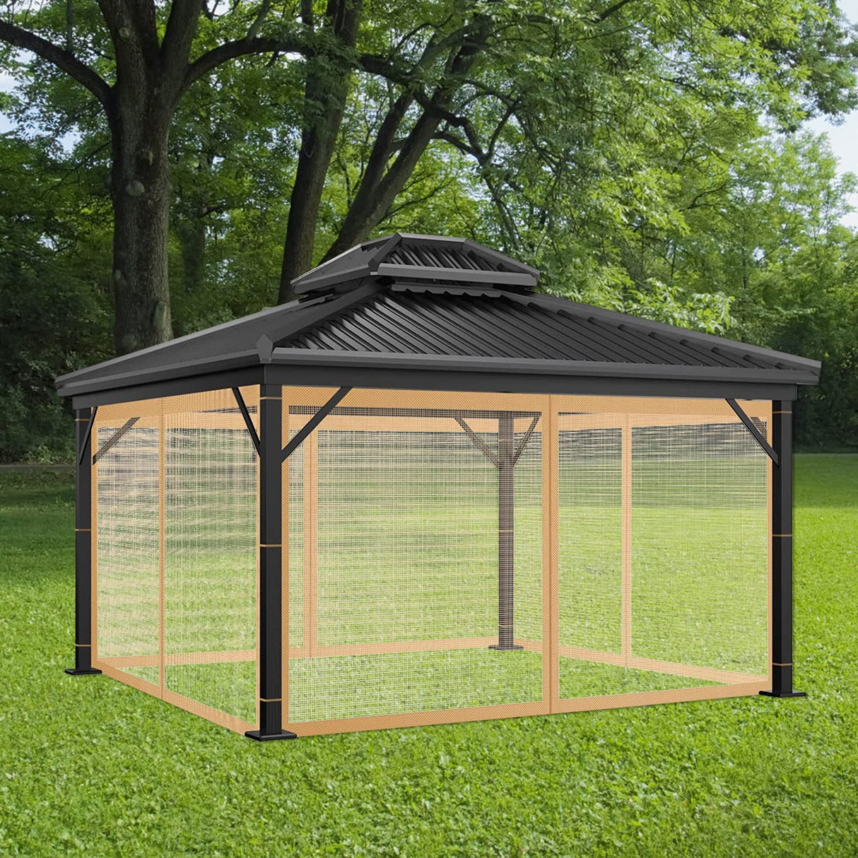New Gazebo Mo-squito Net Outdoor Gazebo Netting Screen Replacement Universal 4-Panel Sidewalls with Zipper Waterproof Mo-Squito Netting (12' x 12', Brown)