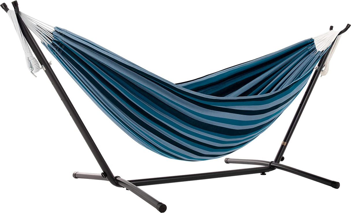 Double Cotton Hammock with Space Saving Steel Stand, Tropical (450 lb Capacity- Premium Carry Bag Included), Tropical with Charcoal Frame, 2 Person