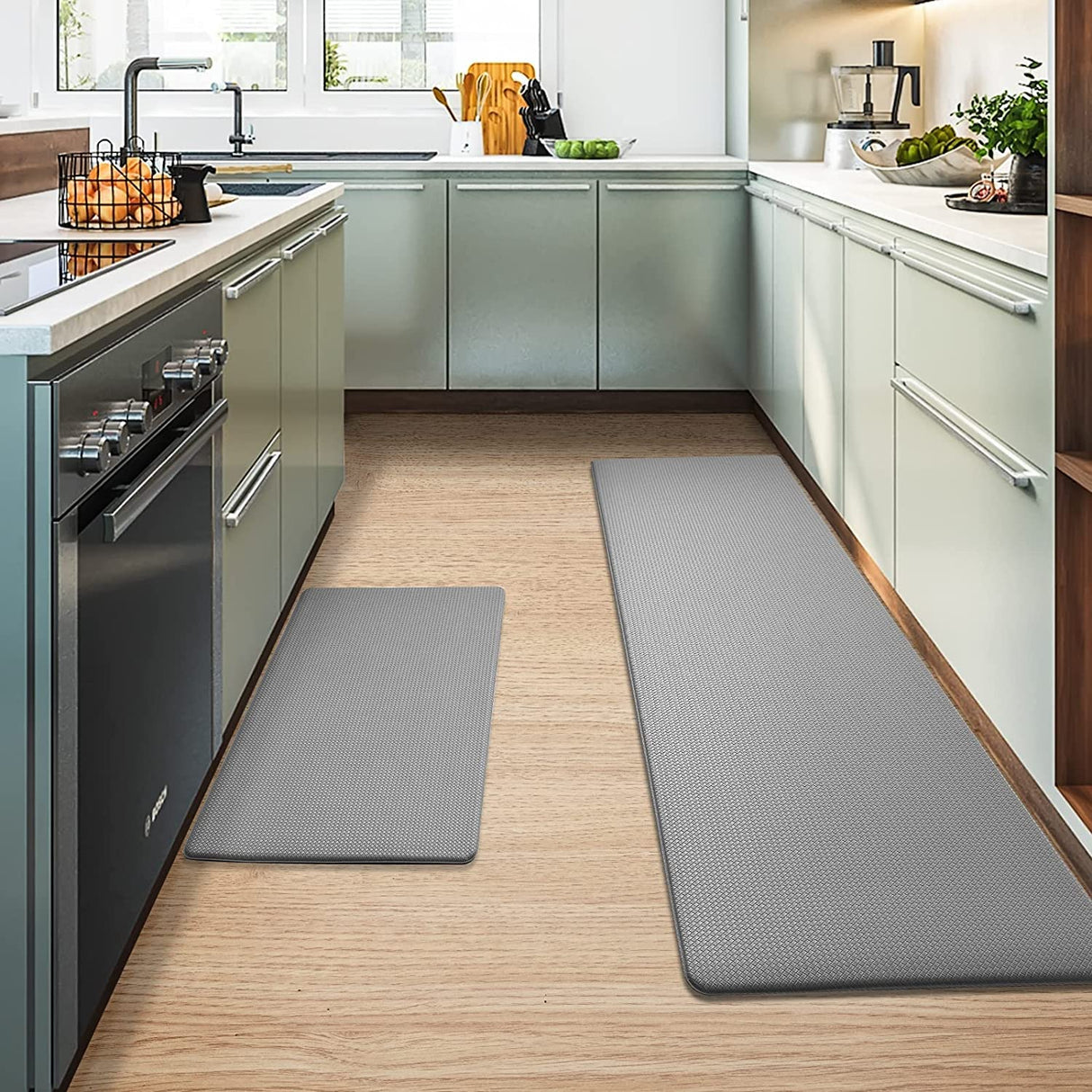 Cushioned Kitchen Floor Mat, Non-Slip Waterproof Standing Kitchen Rugs and Mats for Home (45x75+45x150cm, Black/Grey)