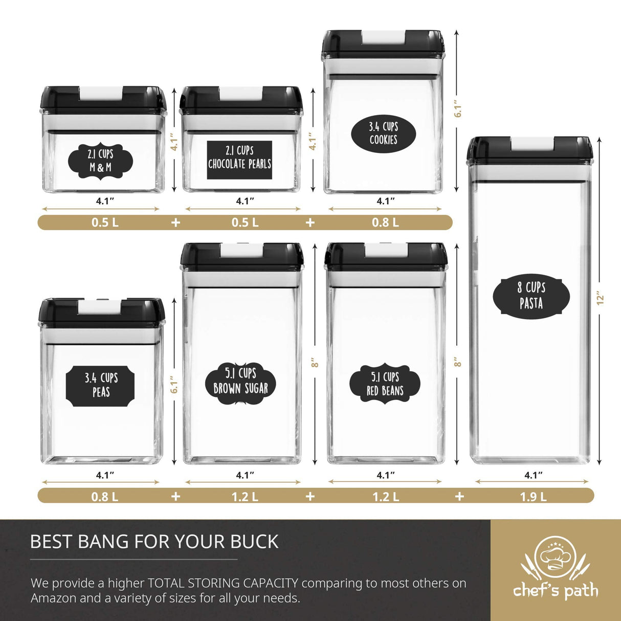 Airtight Food Storage Container Set - 7 PC Set - Chalkboard Labels & Marker - Kitchen & Pantry Containers - BPA-Free - Clear Plastic Canisters with Improved Durable Lids