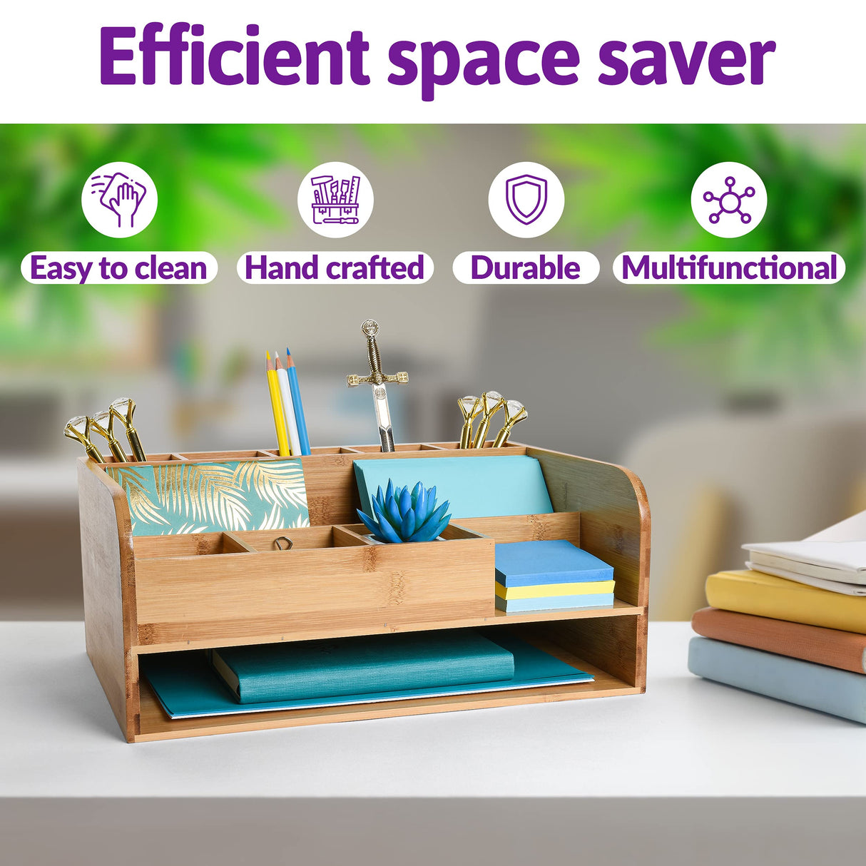 Bamboo Wood Desk Organizer with File Organizer for Office Supplies Storage & Desk Accessories. Perfect Office Decor combo for Desk Organization, Office Desks, Home Office and more by MissionMax