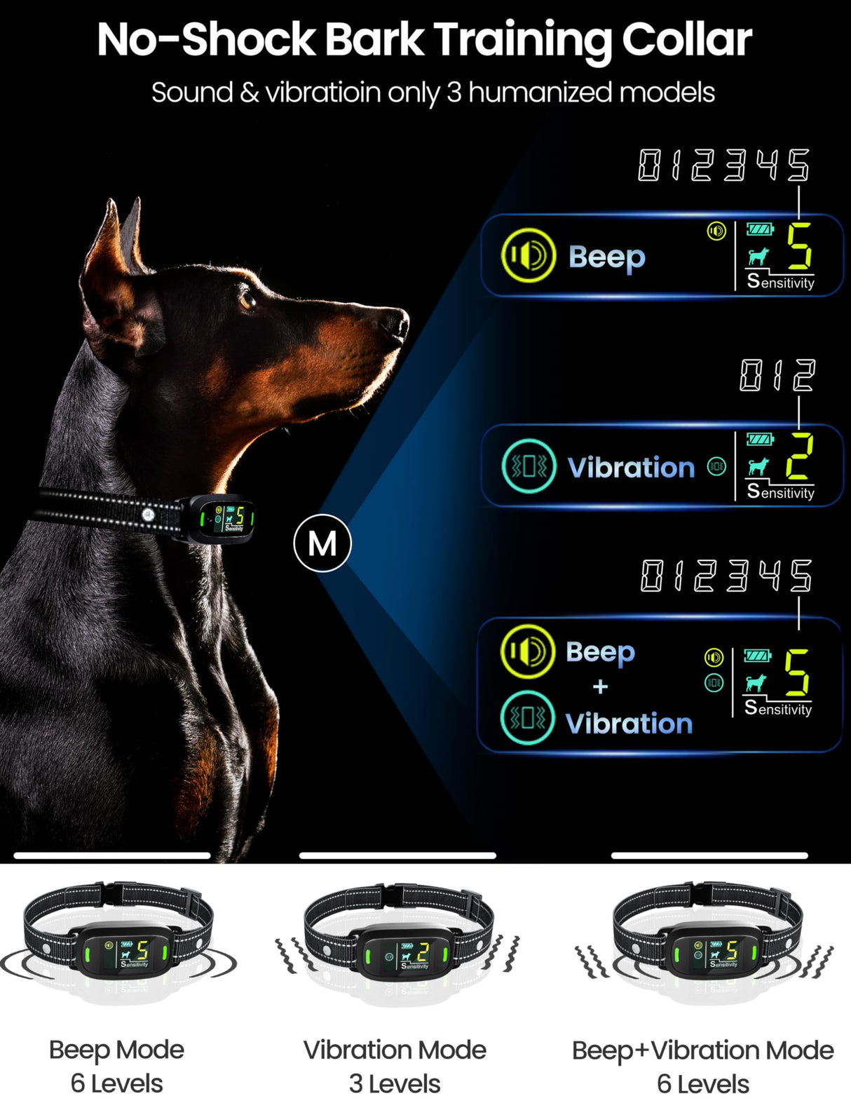 Dog Bark Collar, Rechargeable Smart Barking Collar with 5 Sensitivity Levels, IPX7 Waterproof Anti Barking Training Collar for Large Medium Small Dogs, No Shock Bark Collar