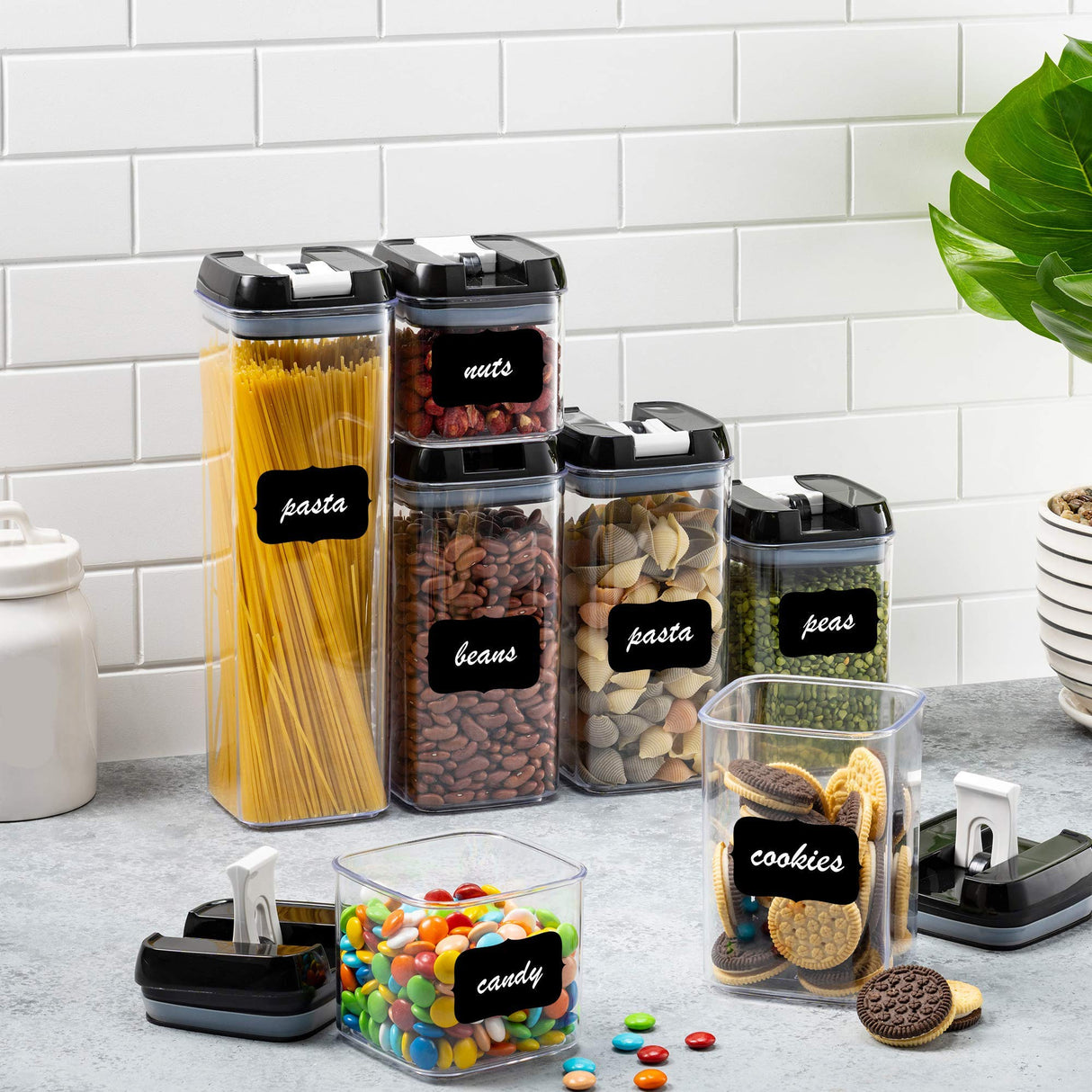 Airtight Food Storage Container Set,7 Pieces BPA Free Plastic Kitchen Organization and Storage with Easy Lock Black Lids Labels/Spoons/Pen,for Dry Food, Flour, Sugar, Pasta, Cereal