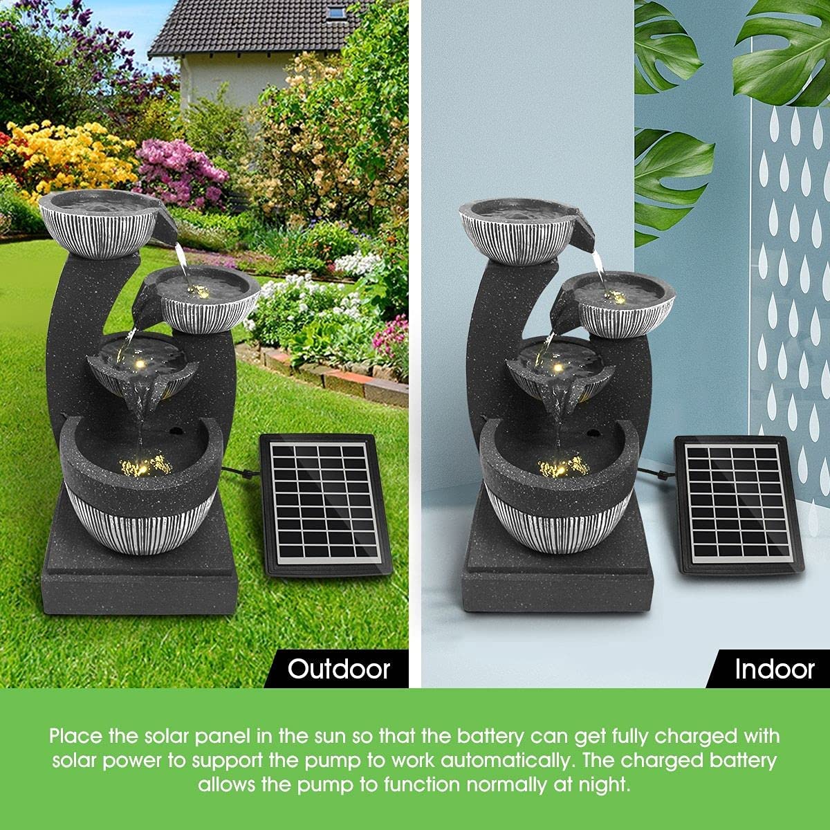 4-Tier Solar Water Fountain Garden Features Outdoor Indoor Bird Bath with LED Light Grey