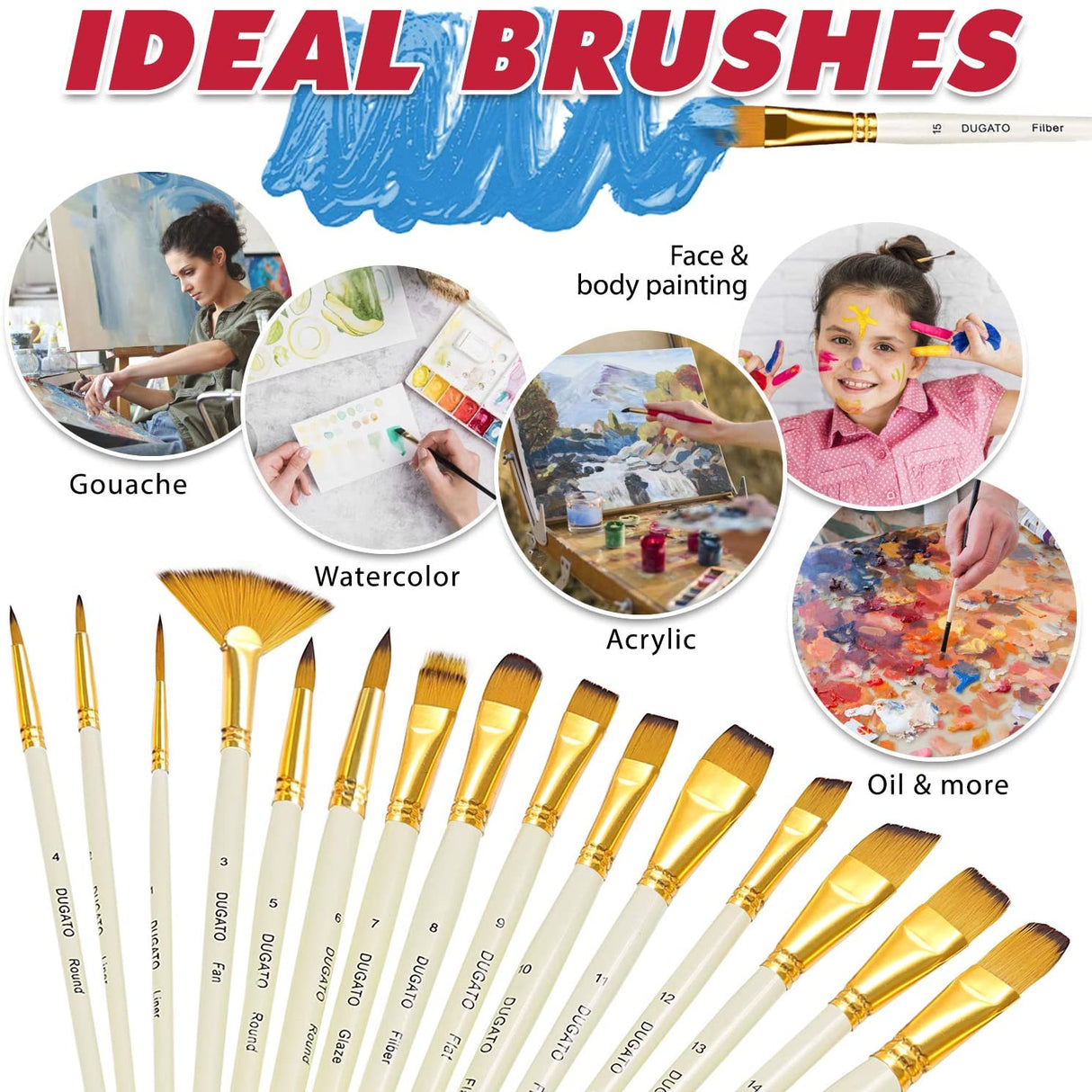Artist Paint Brush Set 15pcs Includes Pop-up Carrying Case with Free Palette Knife and 2 Sponges for Acrylic, Oil, Watercolor, Art, Scale Model, Face, Paint by Numbers for Adults